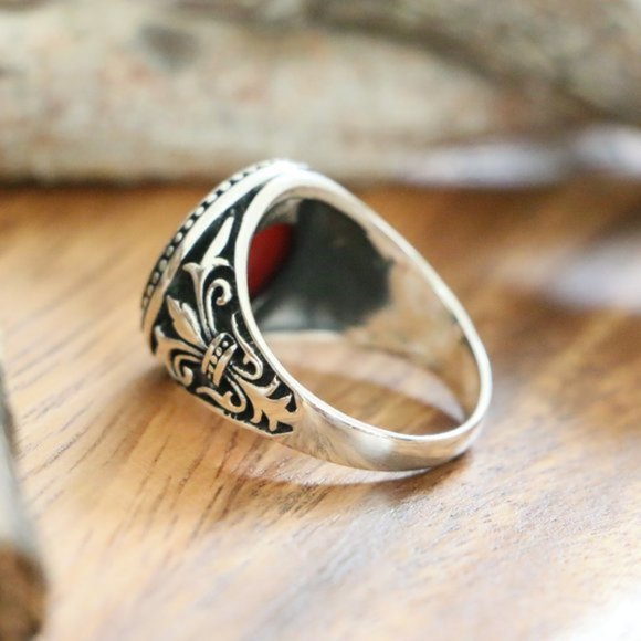 925 Sterling Silver Men's Ring Natural Red Agate - Picture 8 of 9